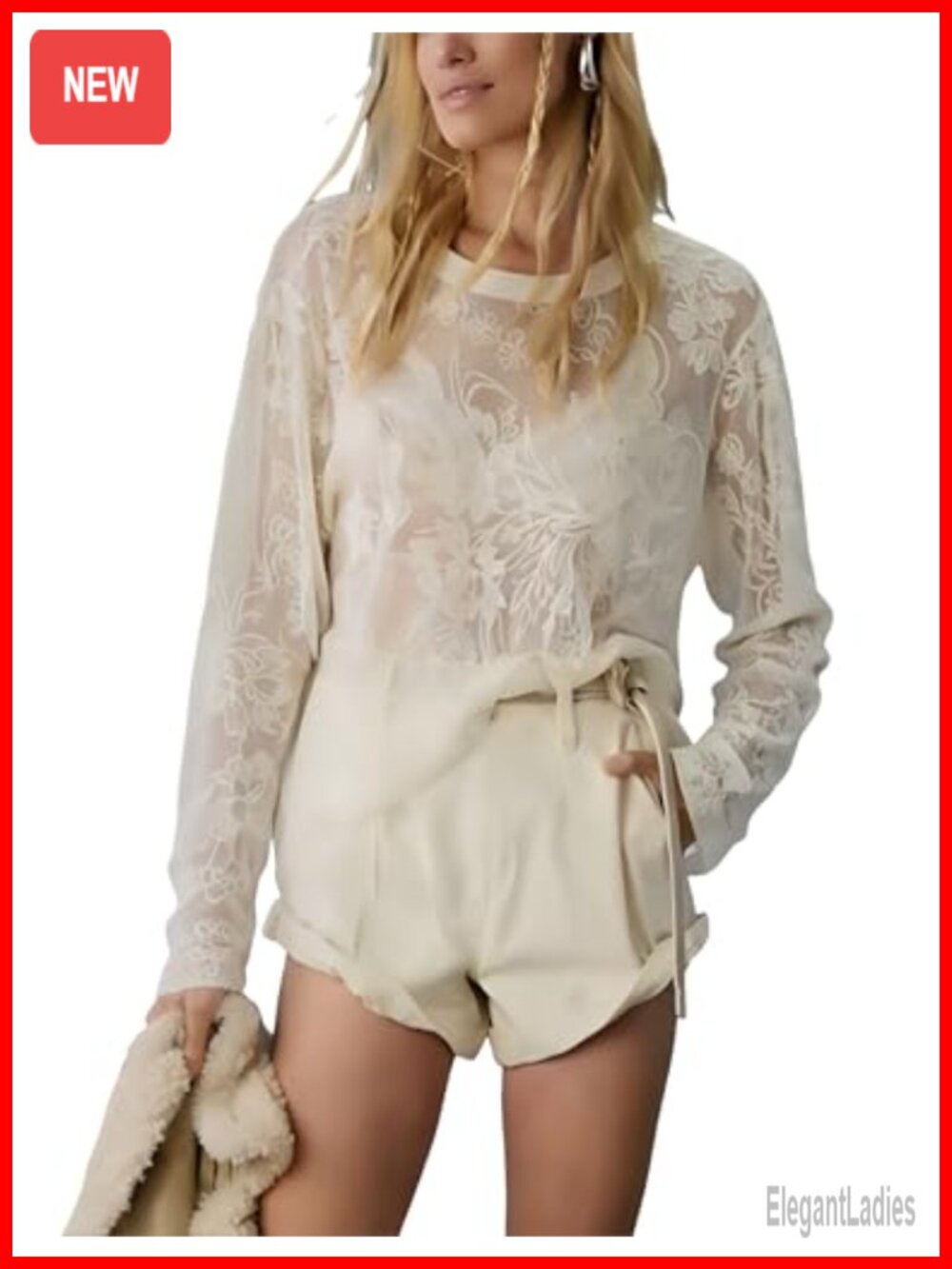Women's Long Sleeve Lace Mesh Blouse Crew Neck Layering Top